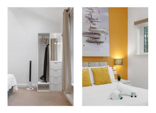 deux photos d'une chambre avec un lit et d'une chambre avec des murs jaunes dans l'établissement Central and Modern One Bedroom Flat 201, à Oxford