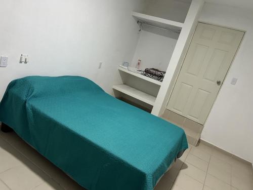 a bedroom with a green bed and a white door at Alojamiento privado con seguridad 3 in Tepic