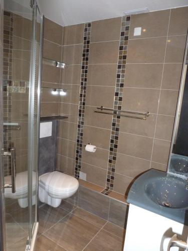 une salle de bain avec toilettes et douche en verre dans l'établissement Villa Village Naturiste Seduction, au Cap d'Agde