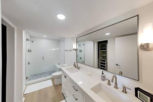 Beautiful Mid-Century Modern Lakehouse في أوستن: حمام ابيض مع مرحاض ومرآة كبيرة