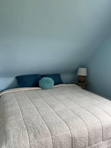 a bed in a bedroom with a blue wall at Sunset View in OʼLeary