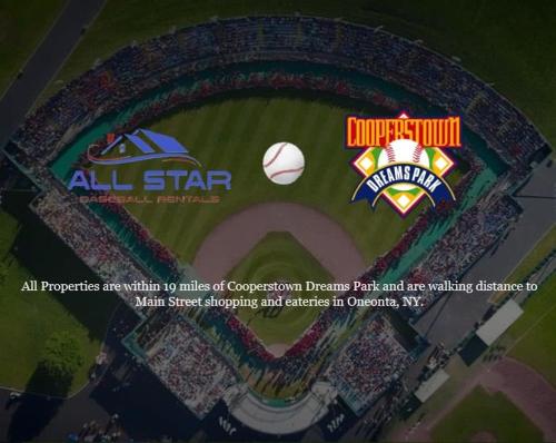 een advertentie voor een all star honkbalwedstrijd bij 1st Base Apt 1 All Star Baseball Rentals in Oneonta