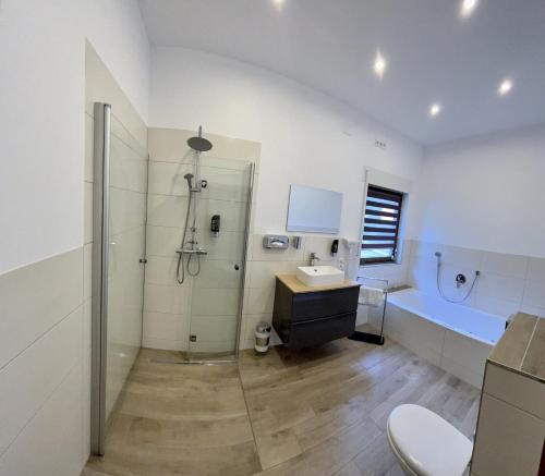 a bathroom with a shower and a sink and a toilet at Landgasthof Waldeck in Stadtprozelten