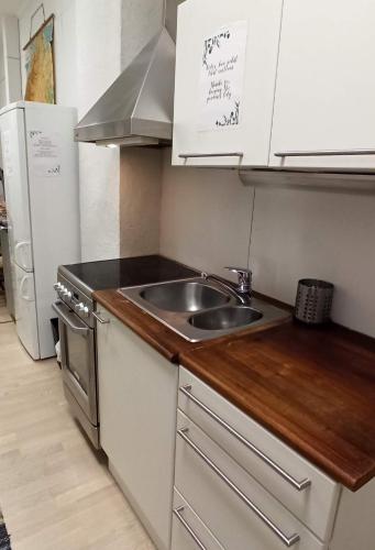 a kitchen with a sink and a refrigerator at Good Life Homestay in Ahmovaara
