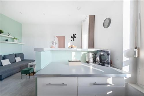 une cuisine avec un comptoir et un salon dans l'établissement Magnifique logement à 10 min du centre de Lyon, à Villeurbanne