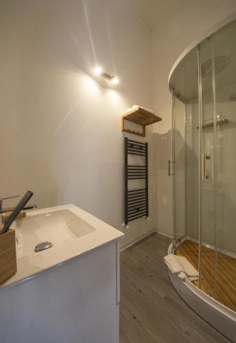 a bathroom with a shower and a white sink at Dimora Nettare in Brindisi