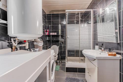 a bathroom with a sink and a toilet and a shower at Chez Lea in Saint-Seurin-de-Cadourne