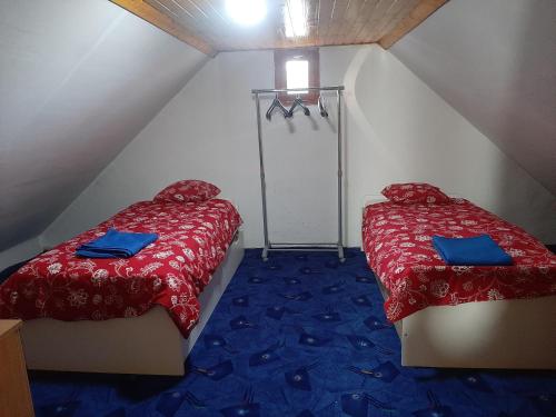 2 camas en un ático con sábanas rojas y almohadas azules en De Wijnberg, en Kurd