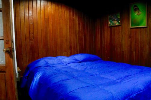 a bedroom with a blue bed in a wooden wall at Los Quetzales Ecolodge & Spa in Cerro Punta