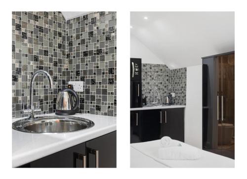 two pictures of a bathroom with a sink and a mirror at Modern city centre studio apartment! in Oxford