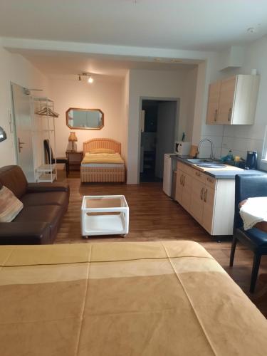ein Wohnzimmer mit einem Sofa und einer Küche in der Unterkunft City Apartments Magdeburg in Magdeburg