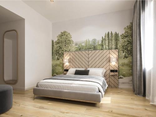 ein Schlafzimmer mit einem großen Bett in einem Zimmer in der Unterkunft Bô Hôtels Ambronay in Ambronay