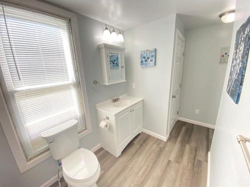a white bathroom with a toilet and a sink at 3rd Base Apt 1 All Star Baseball Rentals in Oneonta