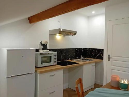 La cuisine est équipée d'un réfrigérateur blanc et d'un four micro-ondes. dans l'établissement D'am Chic Nomade appartement Vert, à Périgueux
