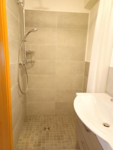a bathroom with a shower and a sink at Ferienwohnung Wandersfreud in Dürrröhrsdorf