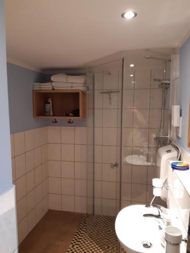 y baño con ducha, aseo y lavamanos. en Münsterland Cottage en Lengerich