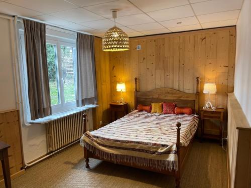 1 Schlafzimmer mit einem Bett, 2 Fenstern und einem Kronleuchter in der Unterkunft Appartement à Uriage les Bains. in Vaulnaveys-le-Haut