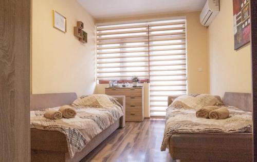 two beds sitting in a room with a window at Apartmani Bašta in Višegrad