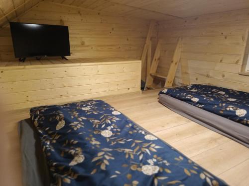 a room with two beds and a flat screen tv at Spiska Dolina in Łapsze Niżne