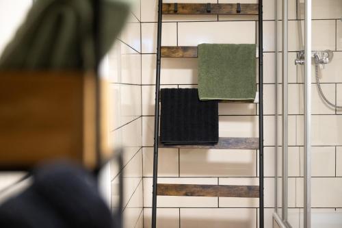 a towel rack in a bathroom with a green towel at Kleiner Storch - Seehotel Dümmer in Hüde