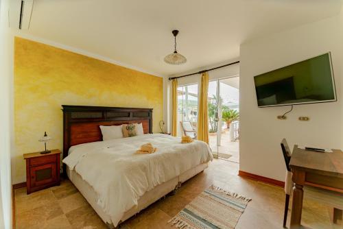 een slaapkamer met een bed, een bureau en een televisie bij Hotel Boutique Noelani in Zorritos