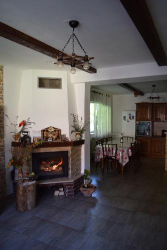 sala de estar con chimenea y comedor en Casa George en Răchiţele