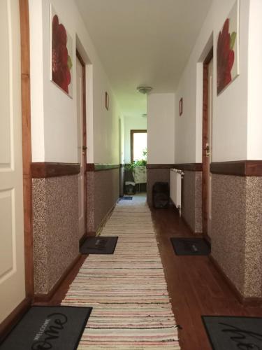 un couloir avec des tapis au sol d'un bâtiment dans l'établissement Casa George, à Răchiţele