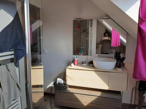 Eine Frau, die ein Bild von einem Badezimmerspiegel macht. in der Unterkunft L'instant présent - Chambre Alyzée in Salbris