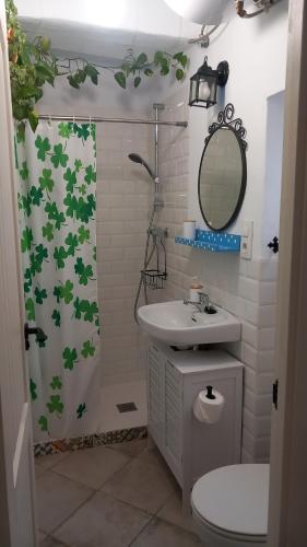 a bathroom with a shower curtain with a toilet and a sink at La Casa del Callejón in Vejer de la Frontera