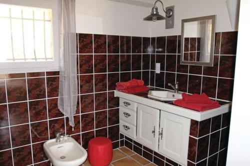 une salle de bain avec toilettes, lavabo et miroir dans l'établissement La Maison dans Les Pins Ardèche, à Saint-Thomé