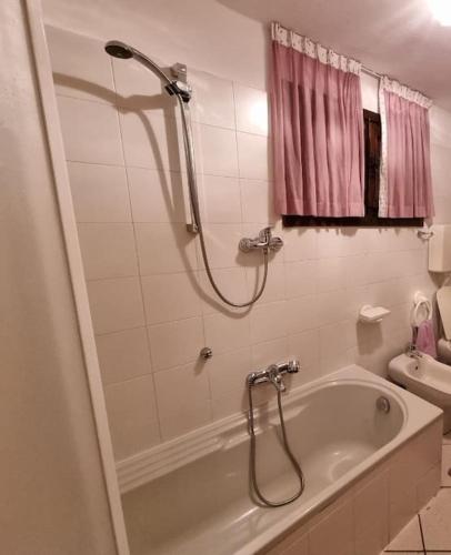 een badkamer met een bad en een douche bij Appartamento Aprica (SO) in San Pietro