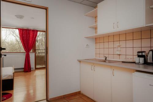 a kitchen with white cabinets and a red curtain at Business Transit to Therme & Bucharest Airport in Săftica