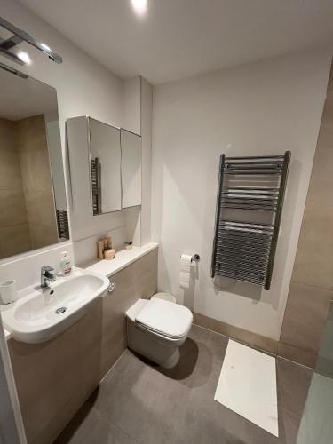 La salle de bains est pourvue de toilettes blanches et d'un lavabo. dans l'établissement The Nest Tottenham - cosy one bed apartment, à Londres