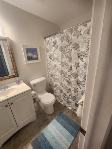 a bathroom with a toilet and a sink and a shower at The Gardenia House in Naples