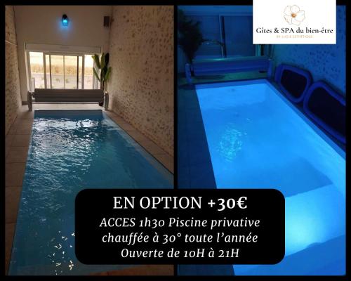 una piscina coperta con illuminazione blu in una casa di Gîtes & SPA du bien-être - SPA privatif a Courgains