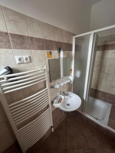 a bathroom with a sink and a shower at Hotel Rose City in Budapest