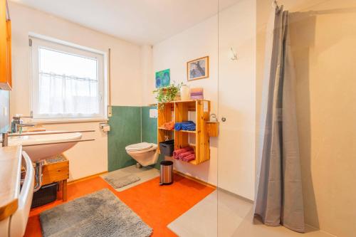 a bathroom with a toilet and a sink at Ruhe auf dem Land 1 - Maria in Aulendorf