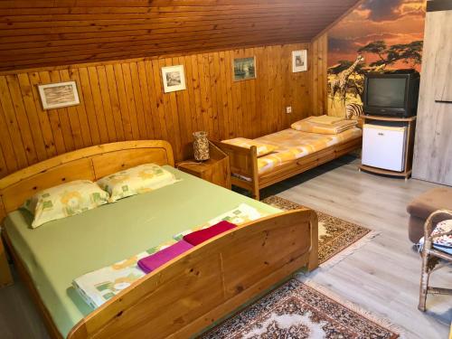 a bedroom with two beds and a tv in a room at Guest House Niya in Beli Iskar