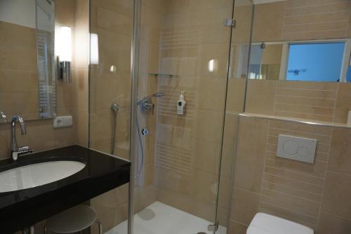 La salle de bains est pourvue d'une douche et d'un lavabo. dans l'établissement Gasthof und Metzgerei zur Post Peißenberg, à Peißenberg