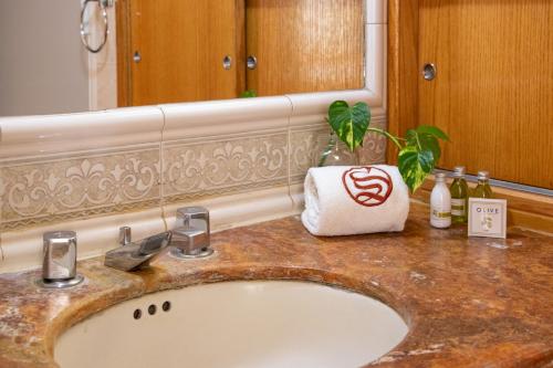 a bathroom sink with a towel on top of it at Suites Sevilla in Puebla