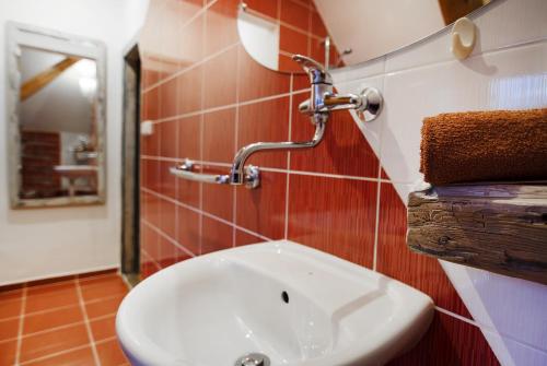 a bathroom with a white sink and a mirror at Pension Ayky in Jablonec nad Nisou