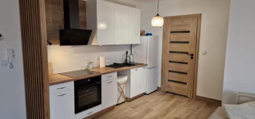 een keuken met witte kasten en een aanrecht bij Apartamenty Paderewski 2 in Bielawa