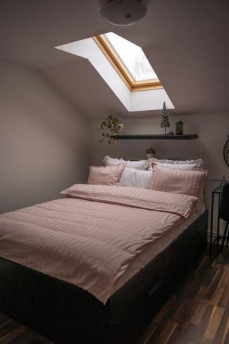 a bedroom with a large bed with a skylight at Målaskog gamla station 1 in Ryssby