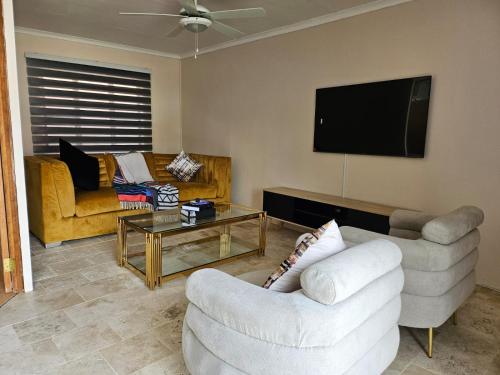 sala de estar con 2 sofás y TV de pantalla plana en 11 Reservoir Road en Queenstown