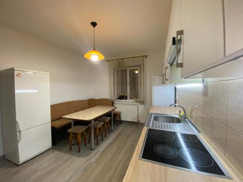 uma pequena cozinha com uma mesa e um frigorífico em У Аліни em Solochin