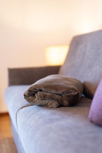 a brown pillow sitting on top of a couch at Residence Walchhof in Schenna