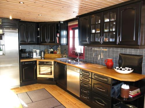 a kitchen with black cabinets and stainless steel appliances at Holiday Home Ørnefjell - SOW162 by Interhome in Åseral