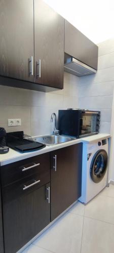 a kitchen with a sink and a washing machine at Archangelos SKY Junior Apartment in Archangelos