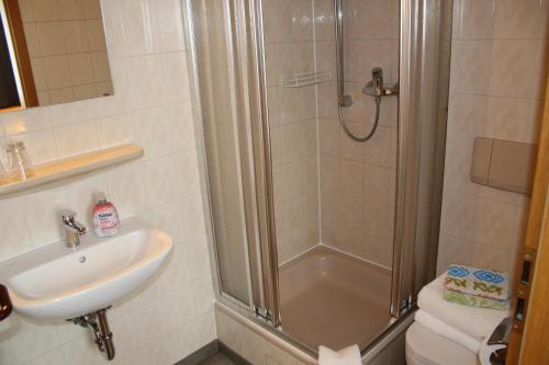 a bathroom with a shower and a sink and a toilet at Pension Erholung in Bad Elster