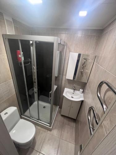 La salle de bains est pourvue d'une douche, de toilettes et d'un lavabo. dans l'établissement ZE Apartments, à Rēzekne